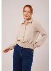 Omarı Şık Bej Renkli Lastikli Bluz