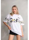Omarı Unisex Bisiklet Desenli Oversize T-Shirt - Beyaz