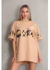 Omarı Bisiklet Desenli Oversize T-Shirt - Bej