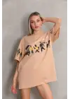 Omarı Bisiklet Desenli Oversize T-Shirt - Bej