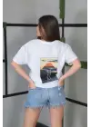 Omarı Beyaz Oversize Baskılı Bisiklet Yaka T-Shirt