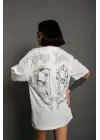 Omarı Baskılı Oversize Beyaz Bisiklet Yaka T-Shirt