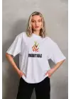 Omarı Bisiklet Yaka Baskılı Oversize T-Shirt - Beyaz