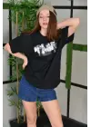 Omarı Bisiklet Desenli Oversize T-Shirt - Siyah