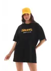 Omarı Siyah Oversize Bisiklet Yaka Baskılı T-Shirt