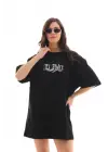 Omarı Baskılı Oversize Unisex Bisiklet Yaka T-Shirt - Siyah