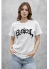 Bisiklet Yaka Ön Baskılı Kısa Kollu Tişört Streetwear Günlük Basic Pamuklu T-shirt - Beyaz