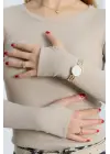 Bisiklet Yaka Parmak Geçmeli Kaşkorse bluz bej a3829