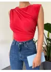 Bisiklet Yaka Sıfır Kol Sandy Bluz -Kırmızı