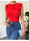 Bisiklet Yaka Sıfır Kol Sandy Bluz -Kırmızı