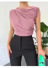Bisiklet Yaka Sıfır Kol Sandy Bluz  -Pudra