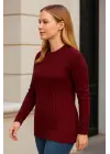 Bisiklet Yuvarlak Yaka Triko Kazak Pamuklu Kalın Fitilli Dokuma, Regular Fit Uzun Kollu Kışlık Model - Bordo