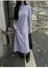 Boğazlı kalın bürümcük uzun elbise gri