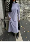 Boğazlı kalın bürümcük uzun elbise gri
