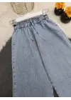 Bol Paça Beli Lastikli Bağcık Detaylı Kot Pantolon      -Buz Mavi
