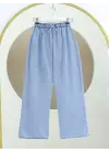 Bol Paça Beli Lastikli Bağcık Detaylı Kot Pantolon      -Buz Mavi