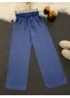Bol Paça Beli Lastikli Bağcık Detaylı Kot Pantolon  -Koyu Mavi