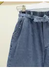 Bol Paça Beli Lastikli Kuşaklı Kot Pantolon -Buz Mavi