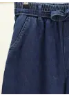 Bol Paça Beli Lastikli Kuşaklı Kot Pantolon -İndigo