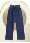 Bol Paça Beli Lastikli Kuşaklı Kot Pantolon -İndigo