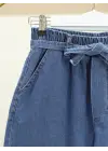 Bol Paça Beli Lastikli Kuşaklı Kot Pantolon -Koyu Mavi