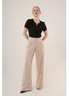 Bol Paça Yandan Fermuarlı Krem Kumaş Pantolon