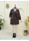 Bolero Detaylı Düğmeli Ara Boy Trençkot -Mürdüm