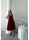 Bordo Boyundan Bağlamalı Keten Elbise
