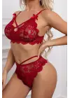 Omarı Şık Bordo Çapraz Ip Detaylı Sütyen Külot Takımı