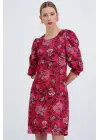 Bordo Gül Desenli Midi Elbise 2477