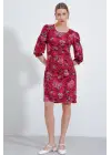 Bordo Gül Desenli Midi Elbise 2477