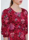 Bordo Gül Desenli Midi Elbise 2477