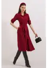Bordo Kuşaklı Gömlek Elbise 2442