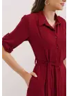 Bordo Kuşaklı Gömlek Elbise 2442