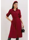 Bordo Kuşaklı Gömlek Elbise 2442