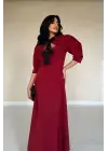 Bordo Ön Dekolteli Fiyonk Garnili Uzun Elbise