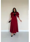 Bordo Ön Dekolteli Fiyonk Garnili Uzun Elbise