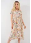 Boydan Düğmeli Kısa Kol Çiçekli Elbise 2561 - Krem