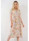 Boydan Düğmeli Kısa Kol Çiçekli Elbise 2561 - Krem