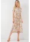 Boydan Düğmeli Kısa Kol Çiçekli Elbise 2561 - Krem