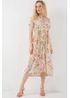 Boydan Düğmeli Kısa Kol Çiçekli Elbise 2561 - Krem