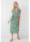 Boydan Düğmeli Kısa Kol Çiçekli Elbise 2561 - Yeşil