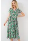 Boydan Düğmeli Kısa Kol Çiçekli Elbise 2561 - Yeşil
