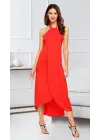 Boyun Askılı Eteği Kruvaze Kesim Viskon Kumaş Elbise
