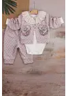 Brode İşlemeli Kalp Desenli 3lü Hırkalı Kız Bebek Takım