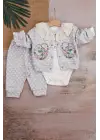 Brode İşlemeli Kalp Desenli 3lü Hırkalı Kız Bebek Takım