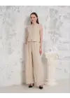 Broşlu yelek pantolon takım bej s255821