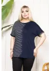 Büyük Beden Taş Detaylı Çizgili Viskon Tişört Bisiklet Yaka Rahat Kesim - Lacivert