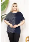 Büyük Beden Taş Detaylı Çizgili Viskon Tişört Bisiklet Yaka Rahat Kesim - Lacivert