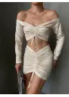Büzgülü etek bluz takım bej s24709